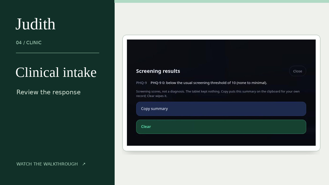 Clinic walkthrough preview showing sample screening results