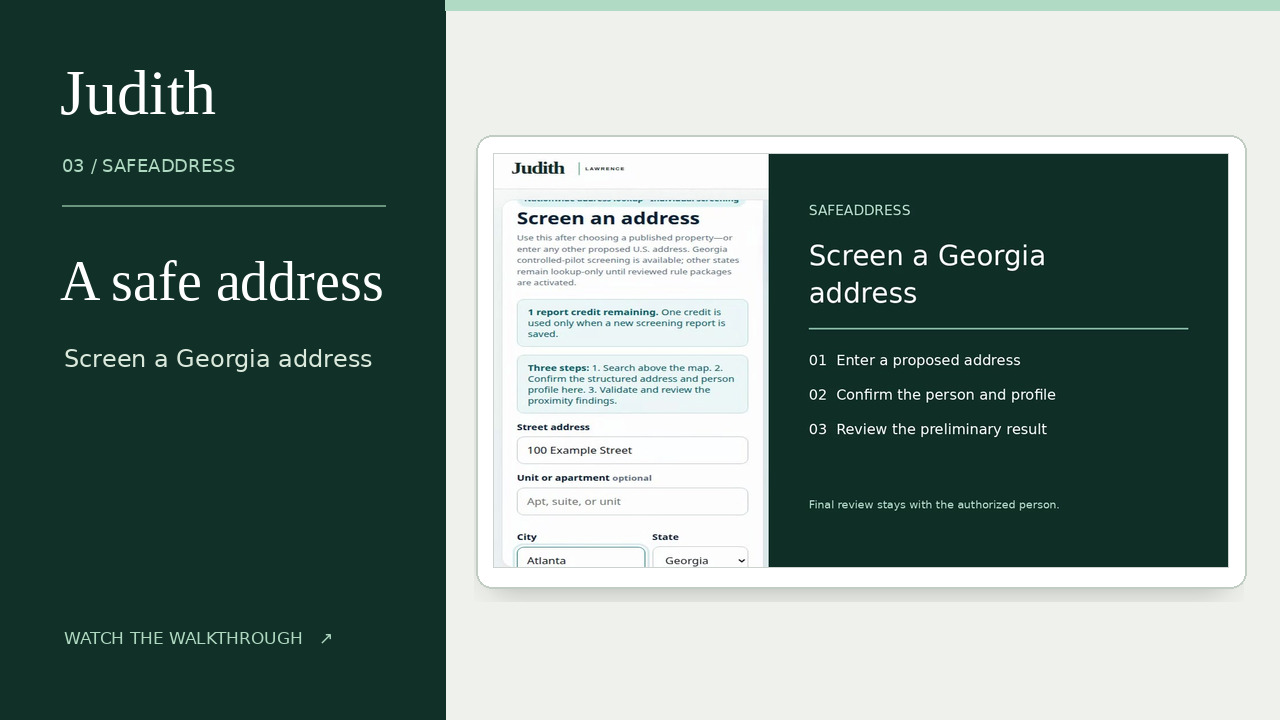 SafeAddress walkthrough preview showing a sample address search